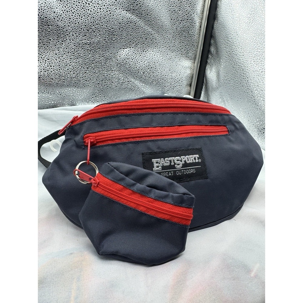 Vintage EastSport Great Outdoors Navy Blue & Red 2 Pocket Fanny Pack Key Clip